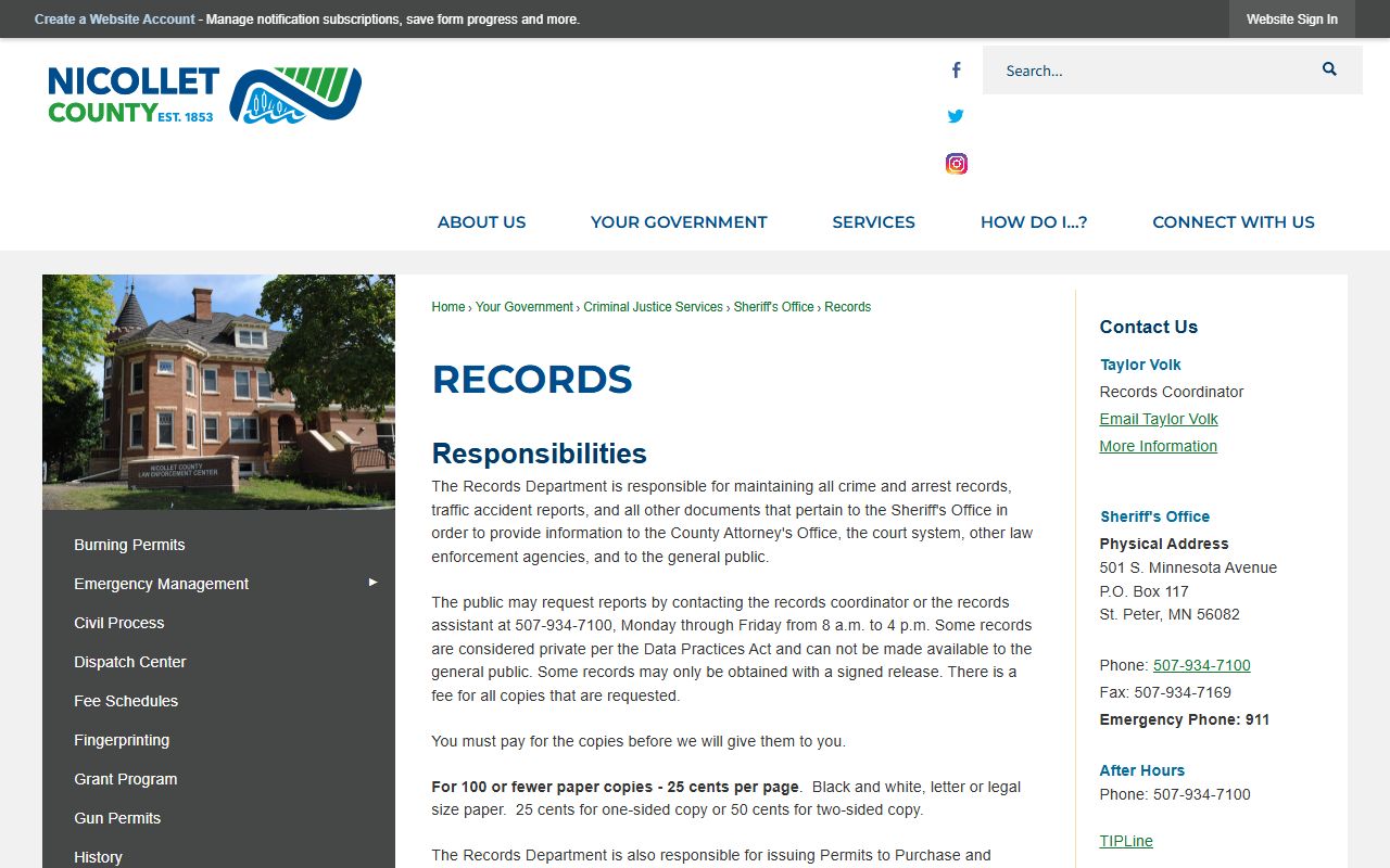 Nicollet County inmate records request page for sheriff records